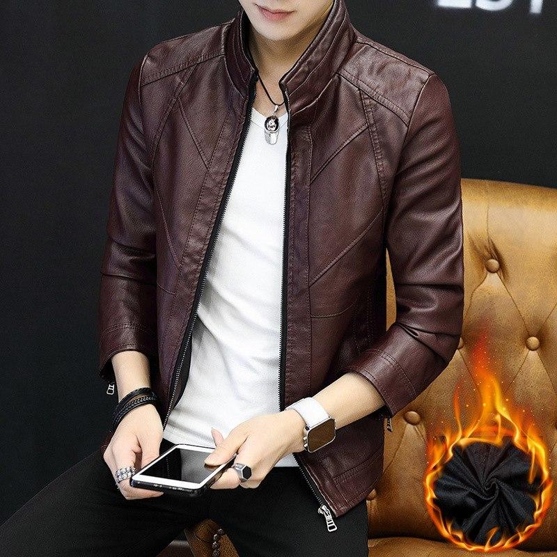 Men's casual leather jacket Slim and velvet New trendy men's leather youth fashion